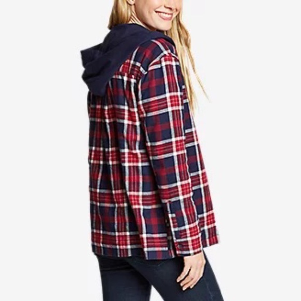 Eddie Bauer Hooded Flannel Shacket Red Blue Plaid XS Small